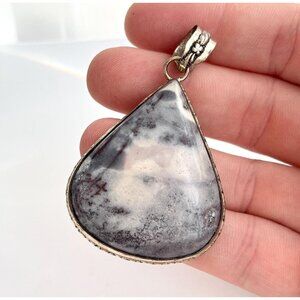 Dendrite Teardrop Jasper Oval Shaped Large Sterling Silver 925 Vintage Pendant